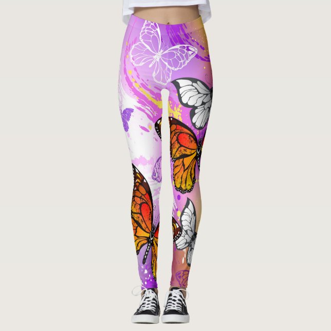 Leggings Mariposas monarcas en fondo morado (Anverso)