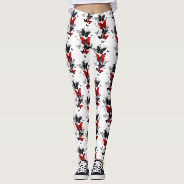 Leggings Mariposas Morpho voladoras negras y rojas (Anverso)