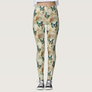Leggings Mariposas Turquesa Vintage Floral Rústico