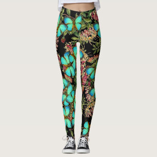 Leggings Mariposas verde azuladas florales por todo las