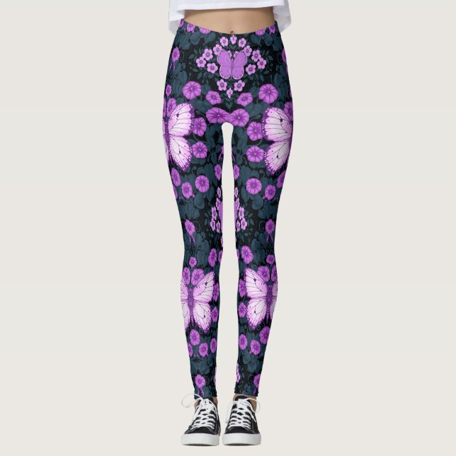 Leggings Mariposas y simetría floral, violeta y azul (Anverso)