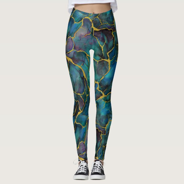 Leggings Mármol azul medio con venas doradas (Anverso)