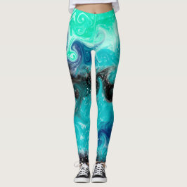 Leggings Mármol azul, Verde azulado y negro de arte fluido