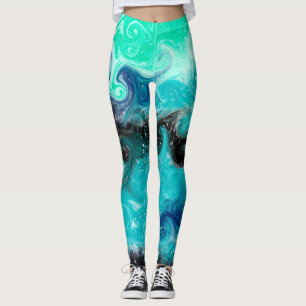 Leggings Mármol azul, Verde azulado y negro de arte fluido