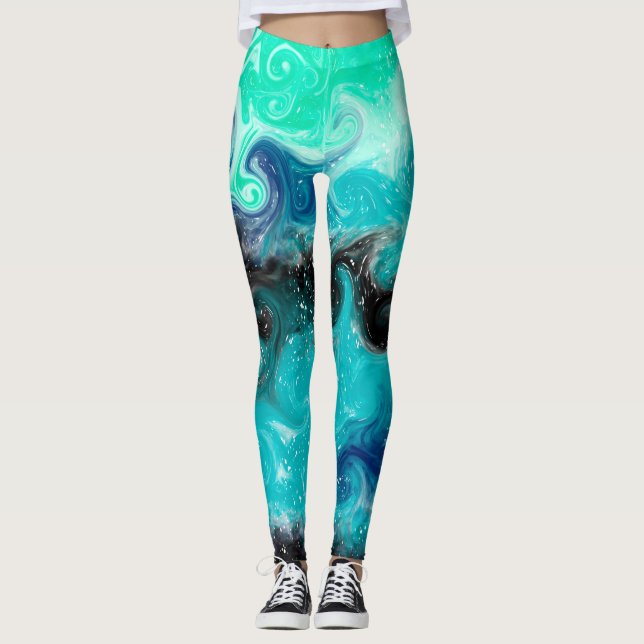 Leggings Mármol azul, Verde azulado y negro de arte fluido (Anverso)