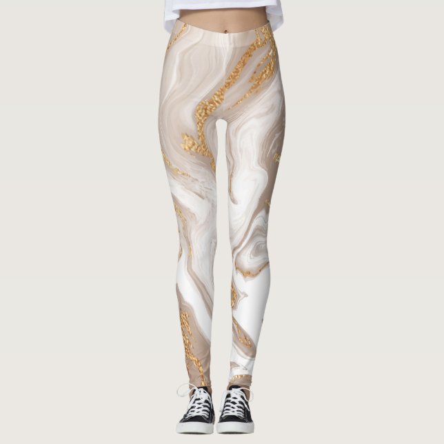 Leggings Mármol beige líquido, arte de oro. (Anverso)