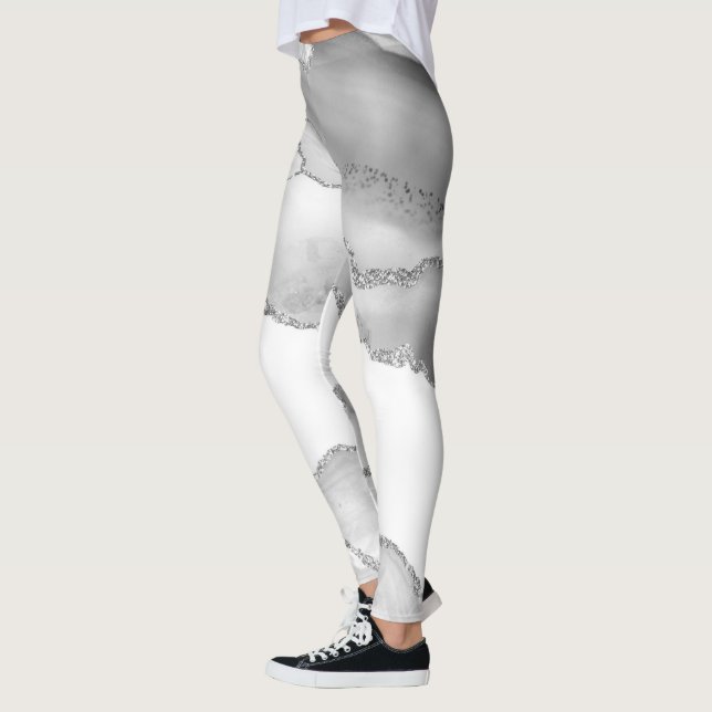 Leggings Mármol Blanco Gris Ágata Simple Brillo de Plata (Izquierda)