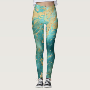 Leggings Mármol de oro verde turquesa Resumen moderno