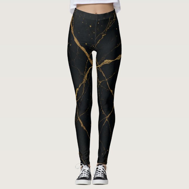 Leggings Mármol dorado de medianoche negro y oro (Anverso)