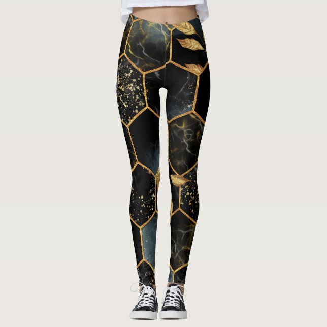 Leggings Mármol elegante y oro: Textura abstracta de hexágo (Anverso)