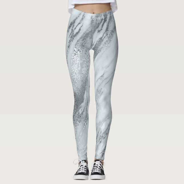 Leggings Mármol Mínimo Resumen Azul gris plateado (Anverso)