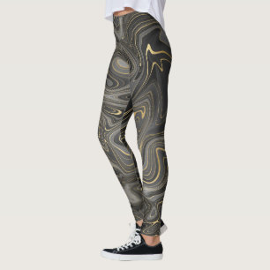 Leggings Mármol Negro Gris Dorado Remolino Ágata Estratos M