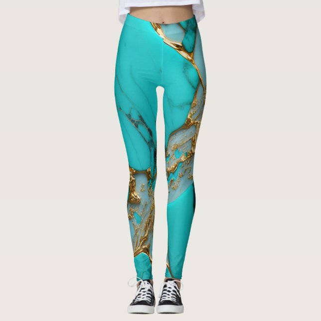Leggings Mármol Turquesa con Vetas Doradas (Anverso)