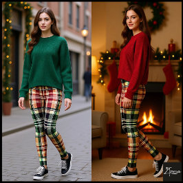 Leggings Maroón Verde Caqui Cuadros Rústico Vintage