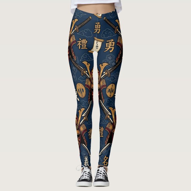 Leggings Máscara de Samurái Japonés y Patrón de Katana (Anverso)