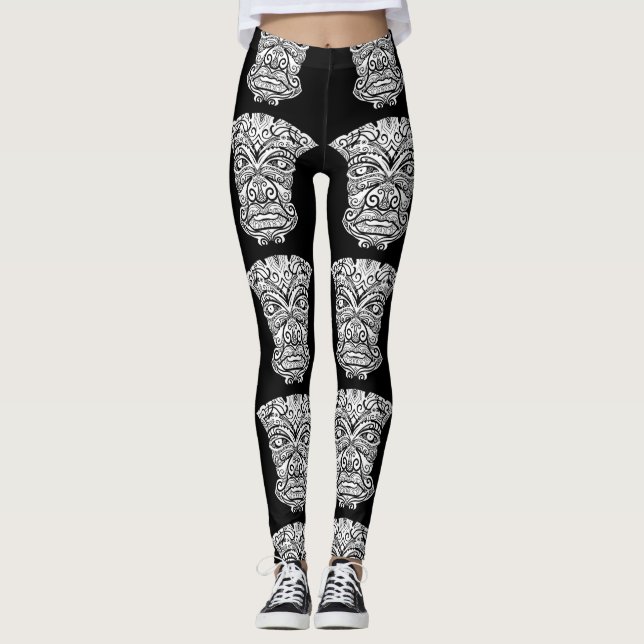 Leggings Máscara de tiki blanco y negro (Anverso)