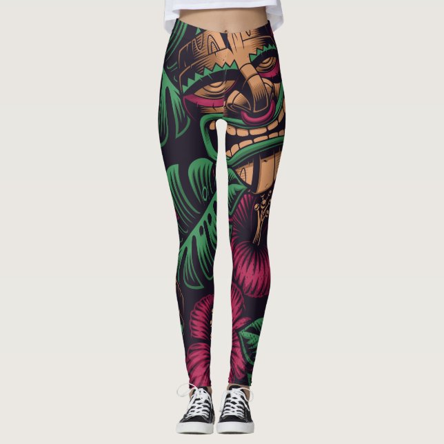 Leggings Máscara tiki oscura y flor de hibisco (Anverso)