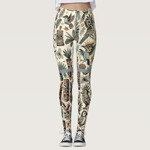 Leggings Máscaras y Pájaros Tiki Tropicales Vintage Gris Ve