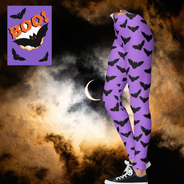Leggings Me he ido las piernas de batty Purple Haze Black B (Black bats on purple haze! Too scary!)