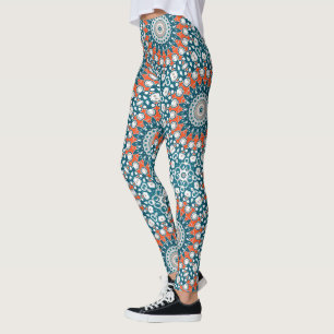 Leggings Medallón azul y Naranja Mandala Kaleidoscope