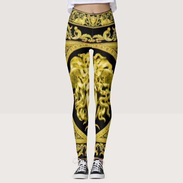Leggings Medusa dorado con arabescos sobre piernas negras (Anverso)