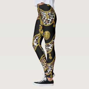 Leggings Medusa Exótica Leopardo y Borlas Doradas Negras