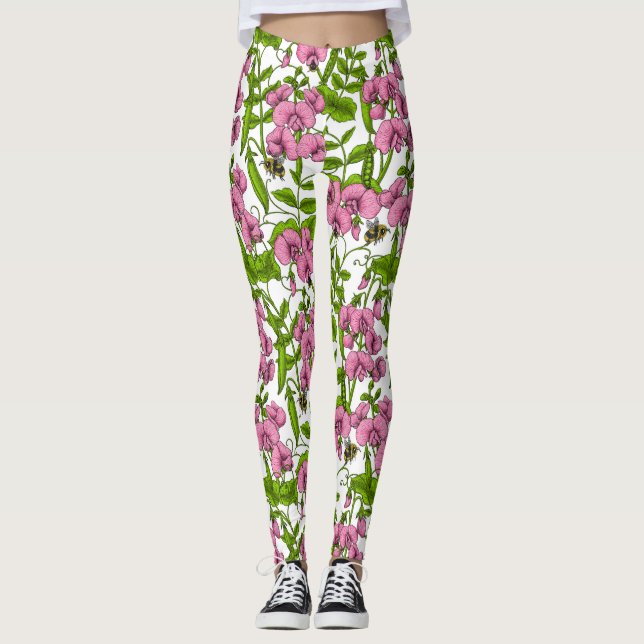 Leggings Melocotones y abejorros, rosa, verde y blanco (Anverso)