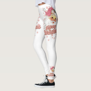 Leggings Merry Christmas Retro Typography Santa Gorra Rosa