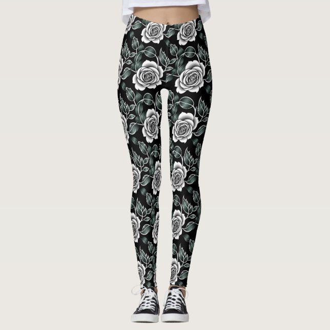 Leggings Metallic Silver Roses With Dark Green Leaves (Anverso)