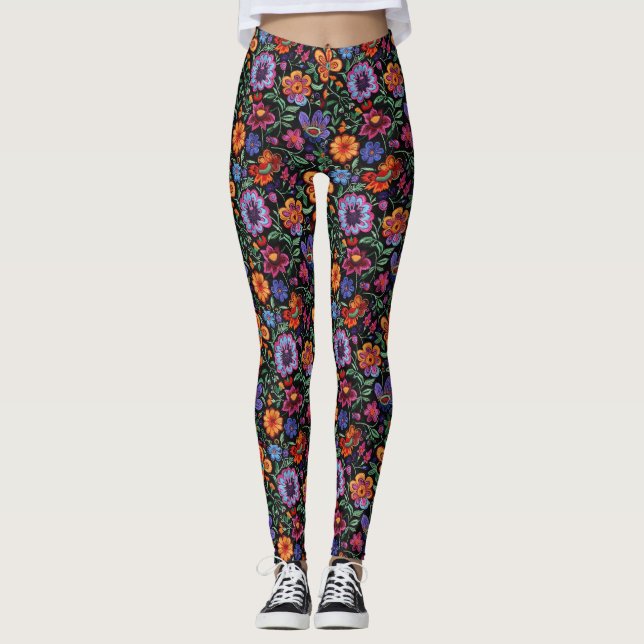 Leggings Mexican Otomi Folk Floral Colorful (Anverso)