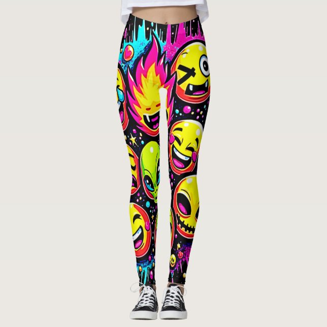 Leggings Mezcla de Emoji Funky de Neón (Anverso)