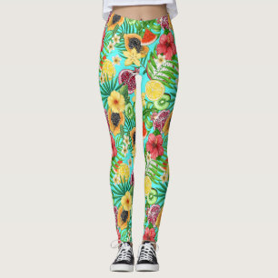 Leggings Mezcla tropical, flores y hojas en azul