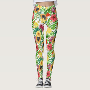 Leggings Mezcla tropical, flores y hojas en blanco
