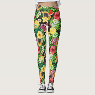 Leggings Mezcla tropical, flores y hojas en negro