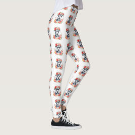 Leggings Mini Schnauzer Flowers color blanco rosa amarillo