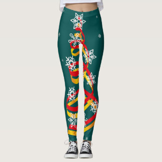 Leggings Minimalist Snowflakes Ribbon Christmas Tree