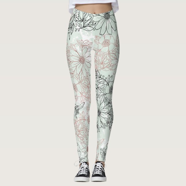 Leggings Mint Moderno Rosa Negro Oro Mármol Floral (Anverso)