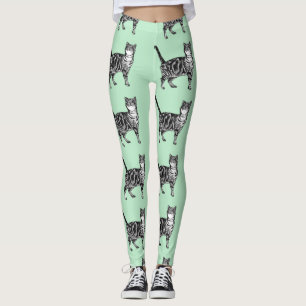 Leggings Mint Tabby Cat Animal Negro y Piernas Blancas
