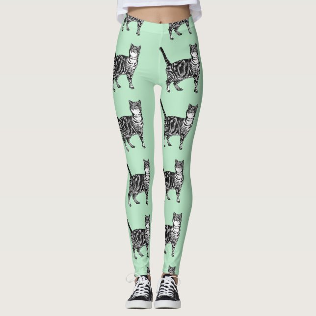 Leggings Mint Tabby Cat Animal Negro y Piernas Blancas (Anverso)