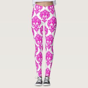Leggings Moda adamascada blanco y rosado  Patrón elegante m