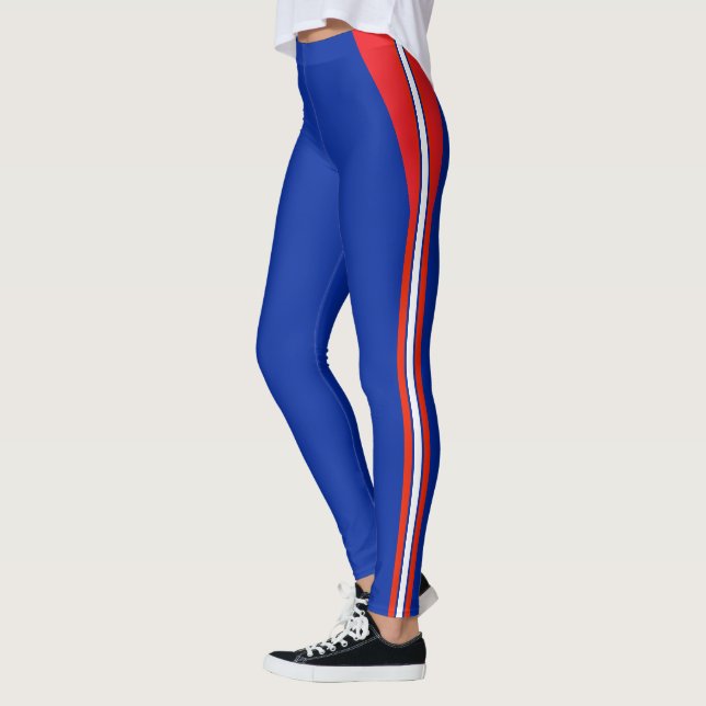 Leggings Moda Azul, Rayas Blancas Rojas (Izquierda)