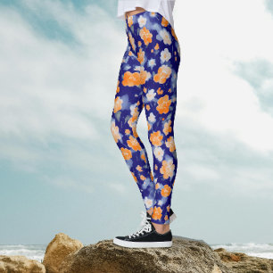 Leggings Moda Azul Y Naranja Floral Patrón Acuarela