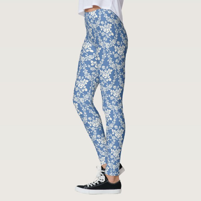 Leggings Moda botánica del patrón floral blanco azul francé (Izquierda)