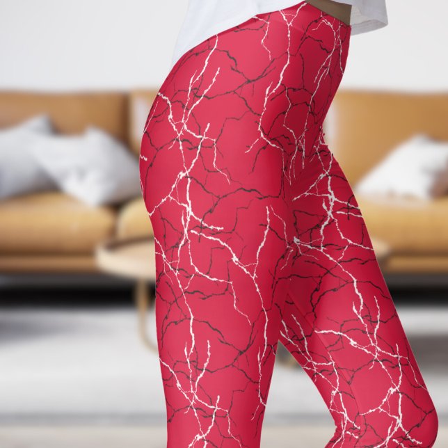 Leggings Moda Crimson y patrón de fractura blanca negra (Chic Crimson and Black White Fracture Pattern Leggings)