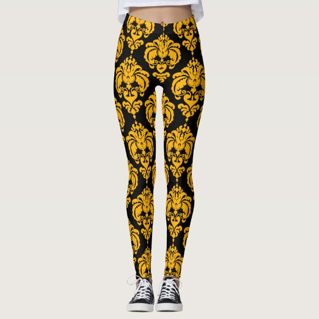 Leggings Moda de Damasco Amarillo y Negro Patrón elegante m (Anverso)