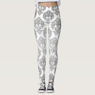 Leggings Moda de damasco blanco y plateado Patrón elegante 