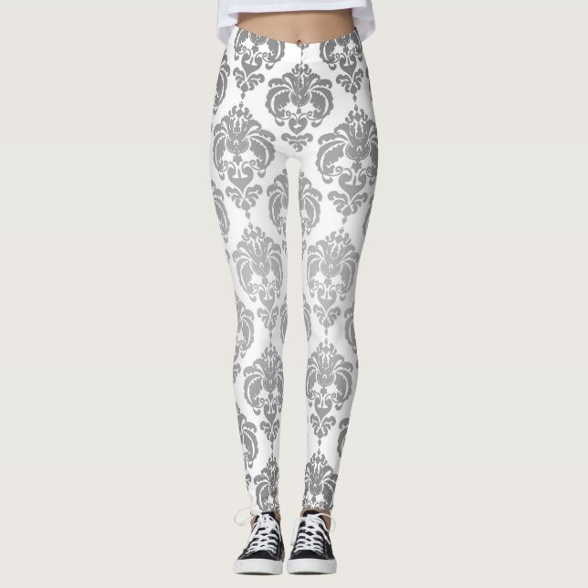 Leggings Moda de damasco blanco y plateado Patrón elegante  (Anverso)