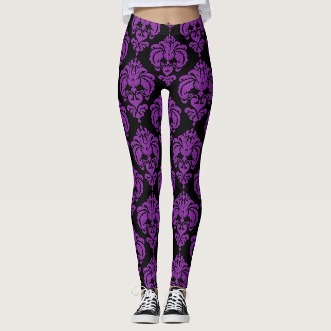 Leggings Moda de Damasco Negro Morado Patrón elegante moder (Anverso)