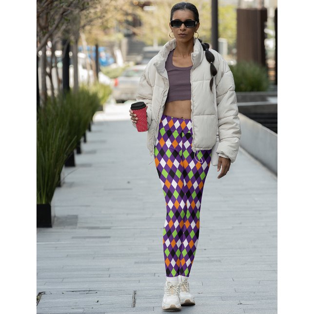 Leggings Moda de Halloween Naranja púrpura Fiesta del Harle (Halloween Chic Purple Orange Green Harlequin Party Leggings)