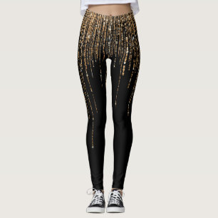 Leggings Moda de lujo Black Gold Sparkly Purpurina Fringe